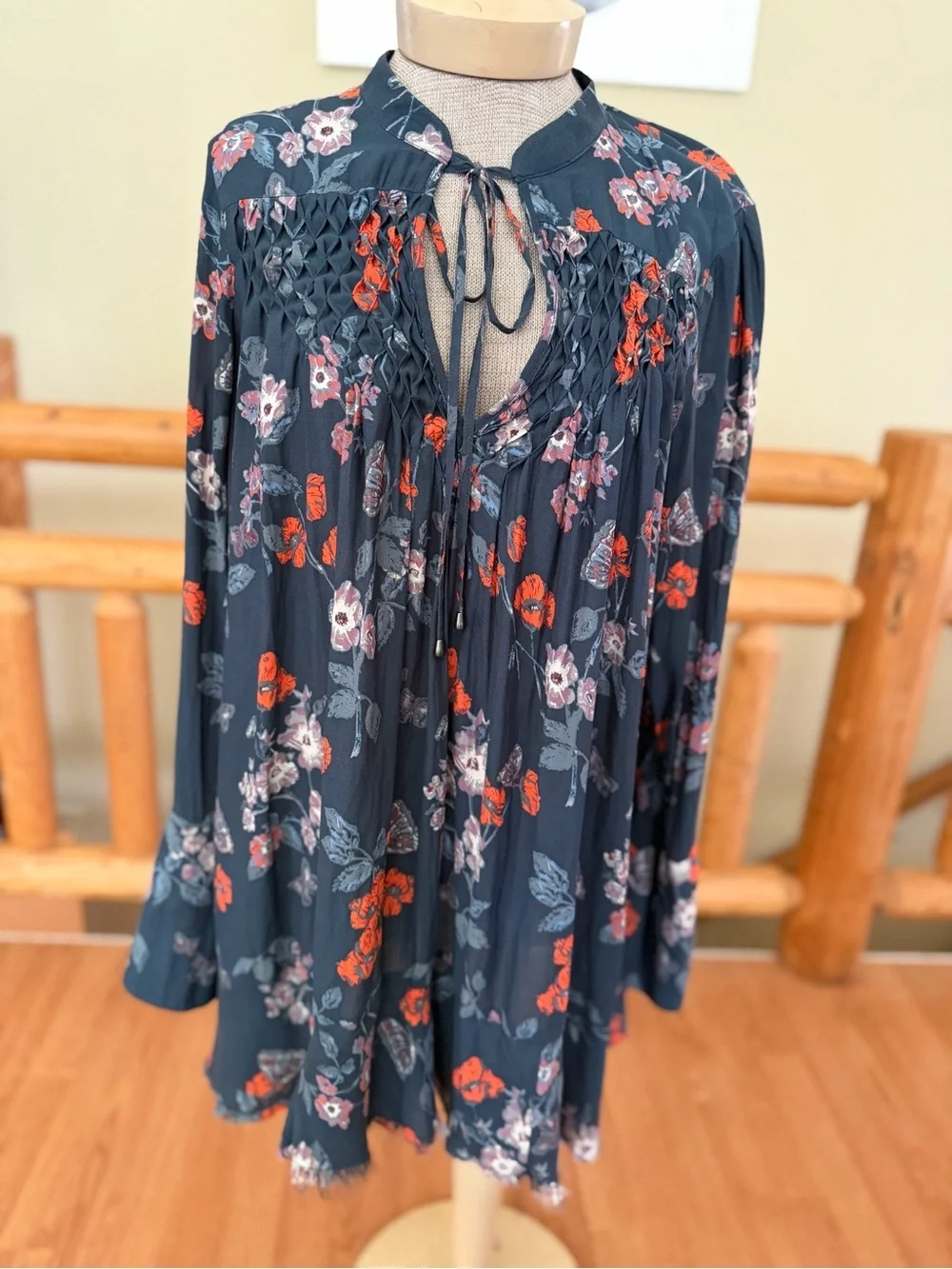 Free People So Fine Floral Smocked Crepe Top - Sz Large